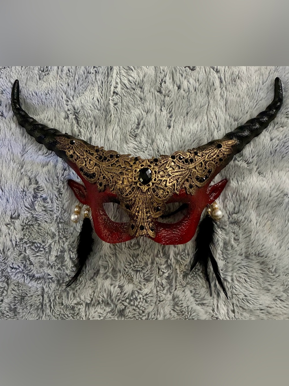Jeweled Inferno Horned Masquerade Mask Red Black Gold Feather Cosplay Halloween